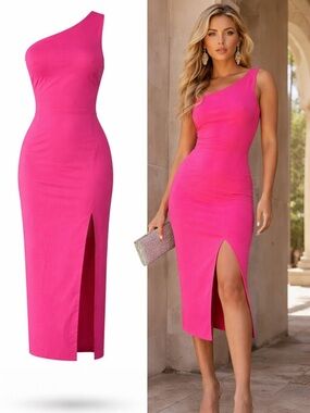 Vesper | Hot Pink One Shoulder Midi Dress | Bodycon | Stretch | Size 6